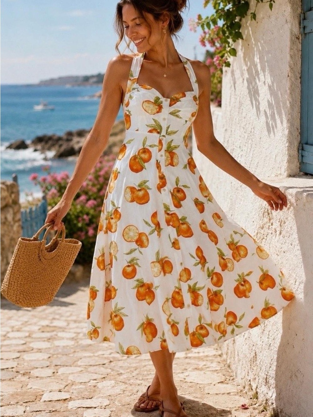 ZARA | BNWOT Linen Blend Orange Print Halter Dress Size S
